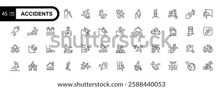 Accidents line editable stroke icon set. Falls, blows, car accidents, work injury, etc. Vector illustration.