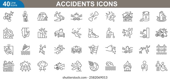Accidents line icons set. Vector illustration for emergency, workplace safety, traffic incidents, risk prevention and more.