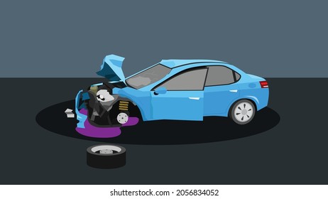 Accidents and negligence of personal cars. Force of the collision caused damage to the front of the engine and the bonnet opened. wheels fell out of the car. background image in dark gray tones.