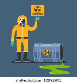 accidents with nuclear waste. man in a protective suit holding a radiation sign. flat vector illustration.