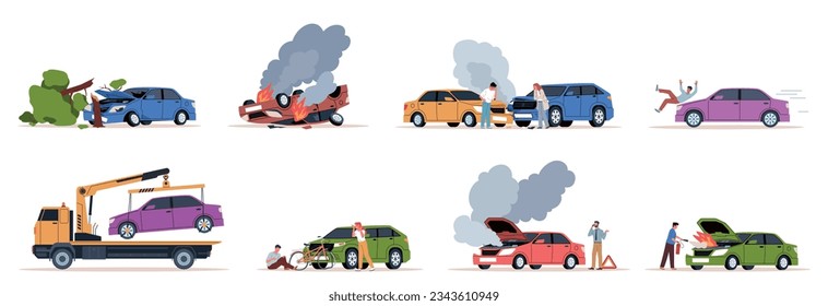 Accidents on road. Collided and overturned cars, vehicle hits pedestrian, traffic rules violation, engine caught fire, collision hitting an people. Nowaday vector cartoon flat set