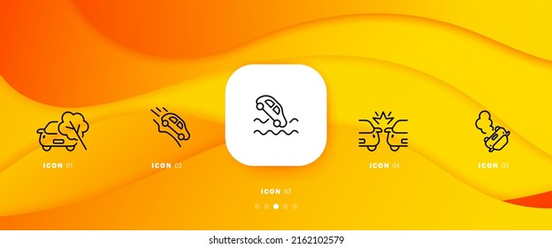 Accidents set icon. Car, falling tree, water, body of water, collision, crash, car overturned. Warning signs concept. Infographic timeline with icons and 5 steps Vector line icon for Business.