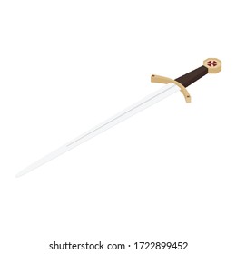 Accolade sword of knights templar. Medieval weapon isometric view isolated on white. Vector