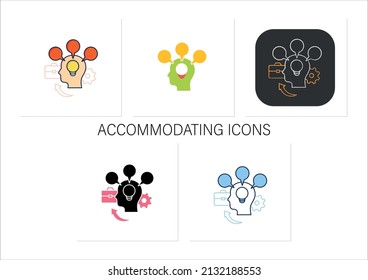 Ajustando iconos.Se centra en preservar las relaciones. Gran idea. Pensar demasiado. Concepto de gestión de conflictos.Colección de iconos en estilos de color lineales, rellenos.Iconos vectoriales aislados
