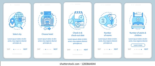 Accommodation booking onboarding mobile app screen vector template. Travel planning walkthrough website steps. Choosing hotel, apartment. Hostel, motel reservation. UX, UI, GUI smartphone interface