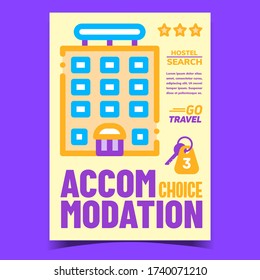 Alojamiento Elección Vector de Banner Creative Promo. Edificio Del Motel Para Alojamiento Turístico Y Afiche Publicitario Con Clave De Puerta De Habitaciones. Plantilla de concepto Ilustración de color con estilo