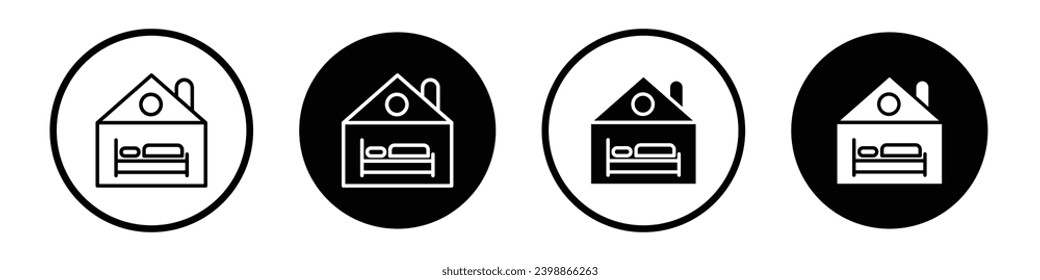 Icon für Unterkunft gesetzt. Homestay Ort Vektorsymbol. Herbergsschild in schwarz gefülltem und umrissenem Stil.
