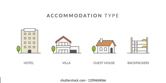 Accommodation icon set. Hotel, villa, guest house, backpackers.