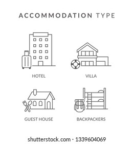 Accommodation icon set. Hotel, villa, guest house, backpackers.