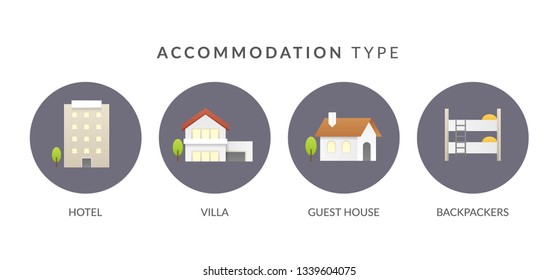 Accommodation icon set. Hotel, villa, guest house, backpackers.