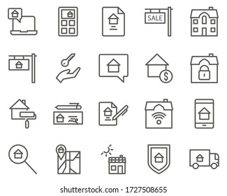 accommodation, moving, relocation set vector icons. Real estate icon set. Simple Set of Real Estate Related Vector Line Icons. Contains such Icons as Map, Plan, Bedrooms, Area, Bell and more. Editable