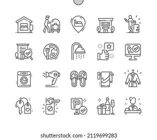 Accommodation. Online booking. Do not disturb. Receptionist, tourist, hotel. Pixel Perfect Vector Thin Line Icons. Simple minimal pictogram