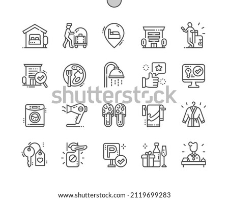 Accommodation. Online booking. Do not disturb. Receptionist, tourist, hotel. Pixel Perfect Vector Thin Line Icons. Simple minimal pictogram