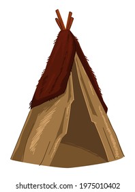 Accommodation for people in prehistoric period, isolated hut of cloths and wooden sticks. Shelter or building for living, old ancient dwelling, shake of stone age for inhabitants. Vector in flat style