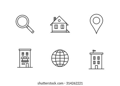 Alojamiento y alquiler de alojamiento conjunto de iconos. Ilustración del vector