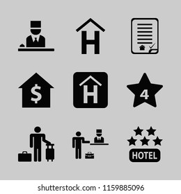 accommodation vector icons set. with hotel sign, house buying contract, hotel reception and house rent in set