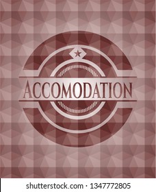 Accomodation red seamless emblem or badge with geometric pattern background.