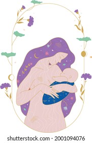 Accompanying breastfeeding. Vector illustration of a mother with her baby in her arms. Mother breastfeeding her child and hugging him. Cuddling with the infant.