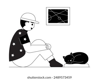 Accompanying cat sleeping on a pillow peacefully, kid and pet vector illustration.