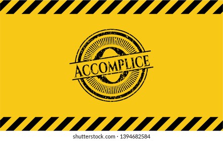 Accomplice black grunge emblem inside yellow warning sign. Vector Illustration. Detailed.