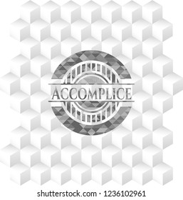 Accomplice retro style grey emblem with geometric cube white background