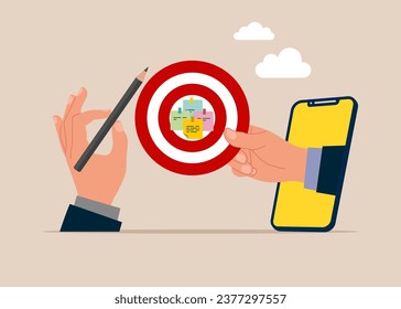 Accomplish to win for business success. Goal on notes and put on dartboard target. Flat vector illustration. 