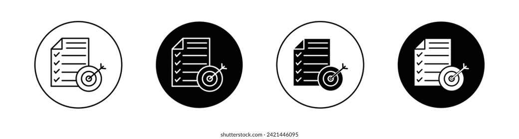 Accomplished Goals and Objectives Icon Set. Focus Marketing Business Success Vector Symbol in Black Filled and Outlined Style. Achievement Dart Target Sign.