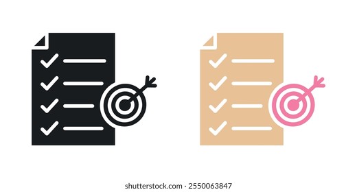 Accomplished goals and objectives icon set in black and colored version