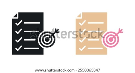 Accomplished goals and objectives icon set in black and colored version