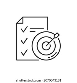 Erfüllte Ziele und Ziele isoliert Umrisssymbol. Vektorzielschlag, Pfeil in der Stiergrube und Aufgabenliste. Ziel, Plan, Aktion und Prüfpapier. Unternehmensmotivation, Inspiration und Führung