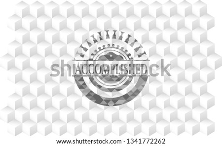 Accomplished grey emblem with cube white background