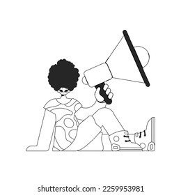Accomplished HR specialist man holding a megaphone. HR topic. Linear black and white style.