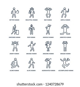 humanos consumados, con vida agravada por sí solos maravillados mejor asombro enojado angustioso contorno humano iconos vectoriales de 16 conjuntos