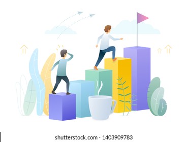 Accomplishing new challenge vector illustration. Setting goals metaphor. Men, worker moving up the career ladder. Male leader, businessman achieving new aim, summit, top position, cartoon character.
