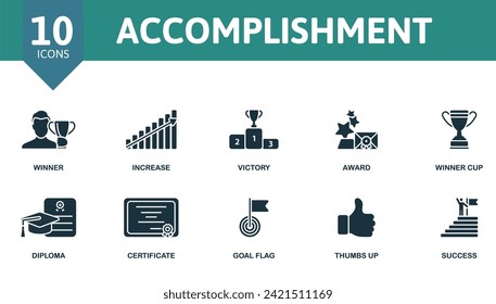 Accomplishment icons set. Creative icons: winner, increase, victory, award, winner cup, diploma, certificate, goal flag, thumbs up, success.