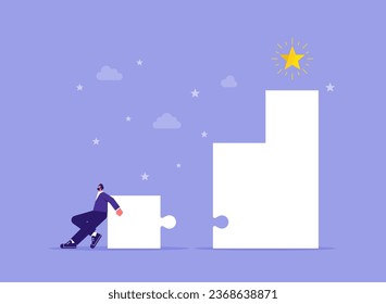 Accomplishment or reaching business goal, reward and motivation concept, businessman build ladder of success to reach star