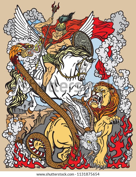 according to ancient Greek mythology the hero\
Bellerophon or Bellerophontes with the aid of the winged horse\
Pegasus slew the monster creature as the Chimera . Graphic style\
vector illustration 