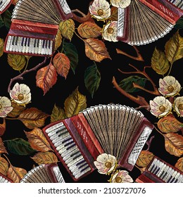 Accordion and autumn leaves seamless pattern. Music art. Embroidery style. Template for clothes, t-shirt design 