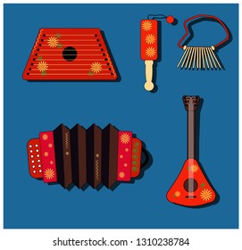 Accordion, balalaika, clapper, ratchet, rattle, gusli. Set Isolate vector Musical instrument. Russian style. Shrovetide.