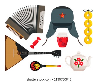 Accordion and balalaika Russian souvenirs set. Musical instrument and sweet candy. Teapot and warm hat made of wool isolated on vector illustration