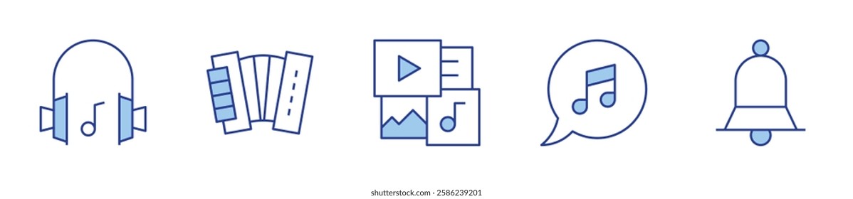 accordion, bell, multimedia, bubble, music headphones. Music Icon vector illustration. Line Duotone style. Editable stroke.