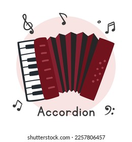 Accordion clipart cartoon style. Simple cute red accordion flat vector illustration. Keyboard musical instrument classical bayan hand drawn doodle style. Hand-held accordion vector design