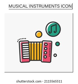  Accordion color icon. Squeezebox. Box-shaped, bellows-driven folk musical instrument. Classical, ethnic and modern music. Music from different countries. Isolated vector illustration