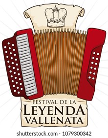 Accordion with a commemorative sign and a crown drawing in scroll, representing the king of the contest in the Vallenato Legend Festival (written in Spanish) in Colombia.