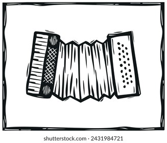 Accordion drawing in the cordel woodcut style from northeastern Brazil. Vector illustration