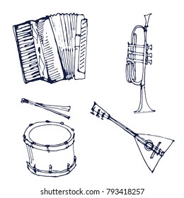 accordion, drum, balalaika, trumpe tmusic instruments set ink hand drawn doodle sketch icon outline isolated coloring book page vector illustration