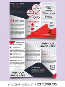 Accordion Fold Brochure, Six Pages Three Panel Leaflet, Concertina Fold, Four Fold Brochure red Vector Template