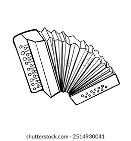 Akkordeon Volksmusikinstrument schwarz-weißer Umriss, Vektorgrafik einzeln. Keyboard Musikinstrument Silhouette mit Tinte für Design-Flyer, Konzertveranstaltungen, Buch, Festival-Poster gemalt.