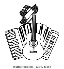 accordion with guitar and gardener straw hat