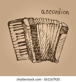 Accordion. Hand drawn musical instrument. Sketch. Vector illustration.